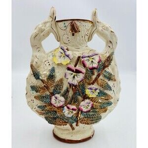 Antique Barbotine Majolica English Victorian Pottery Vase Dragons Pansy Flowers